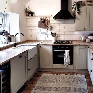 Small Modern Wooden Blue White Cream Kitchen Design / Decoration (#128297)