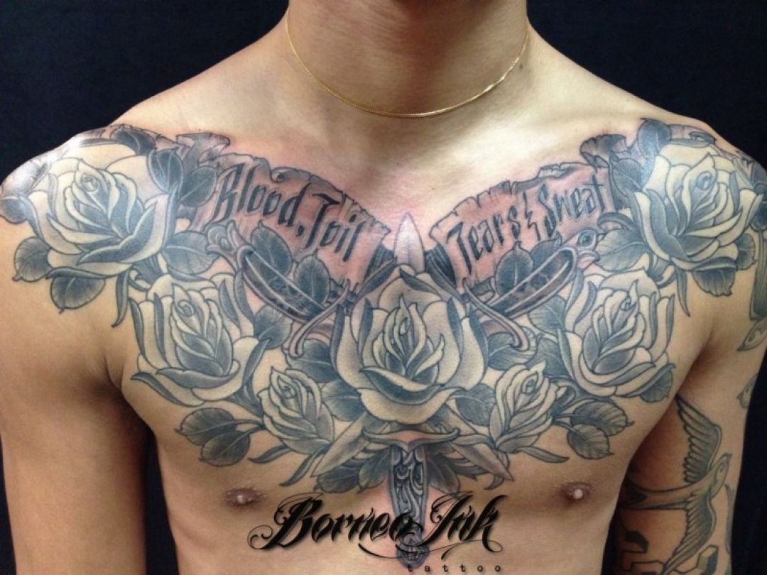 ✓[100+] Cool Lettering Rose Flower Chest Tattoo Design (png / jpg) (2023)