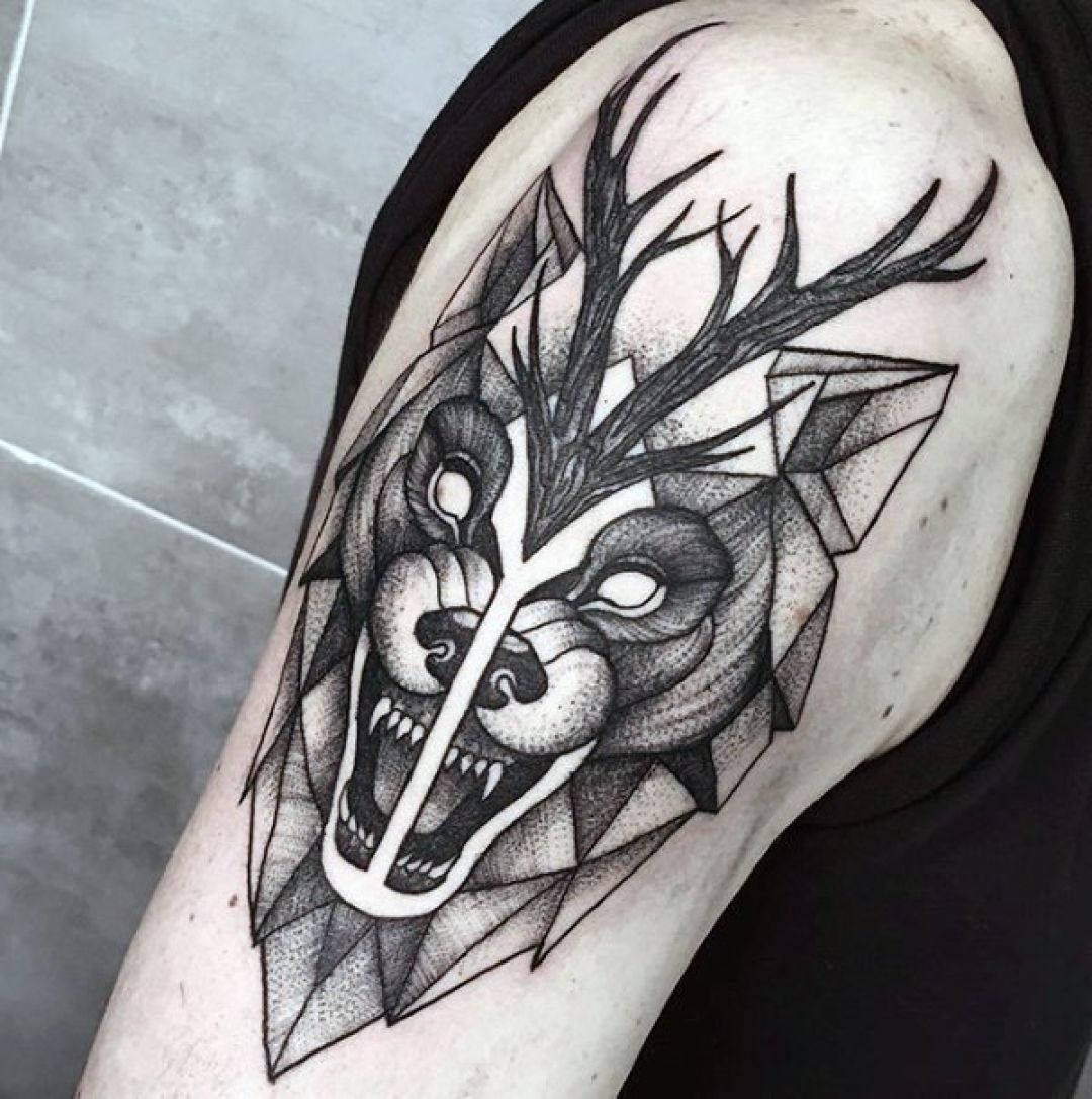 ✓[100+] Ink Black Evil Wolf Deer Shoulder Tattoo Design (png / jpg) (2023)
