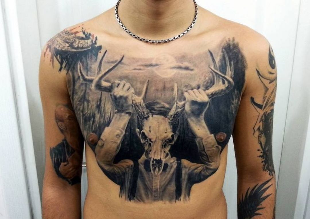 ✓[100+] Ink Deer Skull Chest Tattoo Design For Women (female) (png / jpg)  (2023)