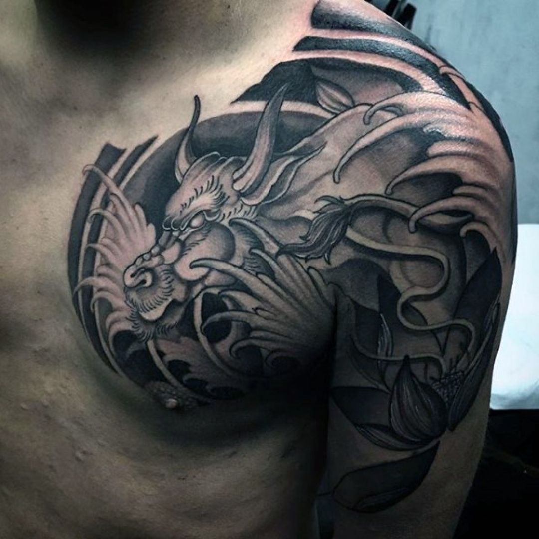 ✓[100+] Traditional Ink Fantasy Black Dragon Chest, Shoulder Tattoo Design  (png / jpg) (2023)