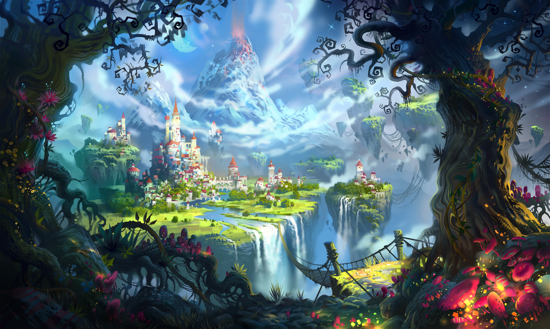 ✓[122195+] Floating Island Bridge Waterfall Fantasy Art Fantasy City Castle  - Android / iPhone HD Wallpaper Background Download (png / jpg) (2023)