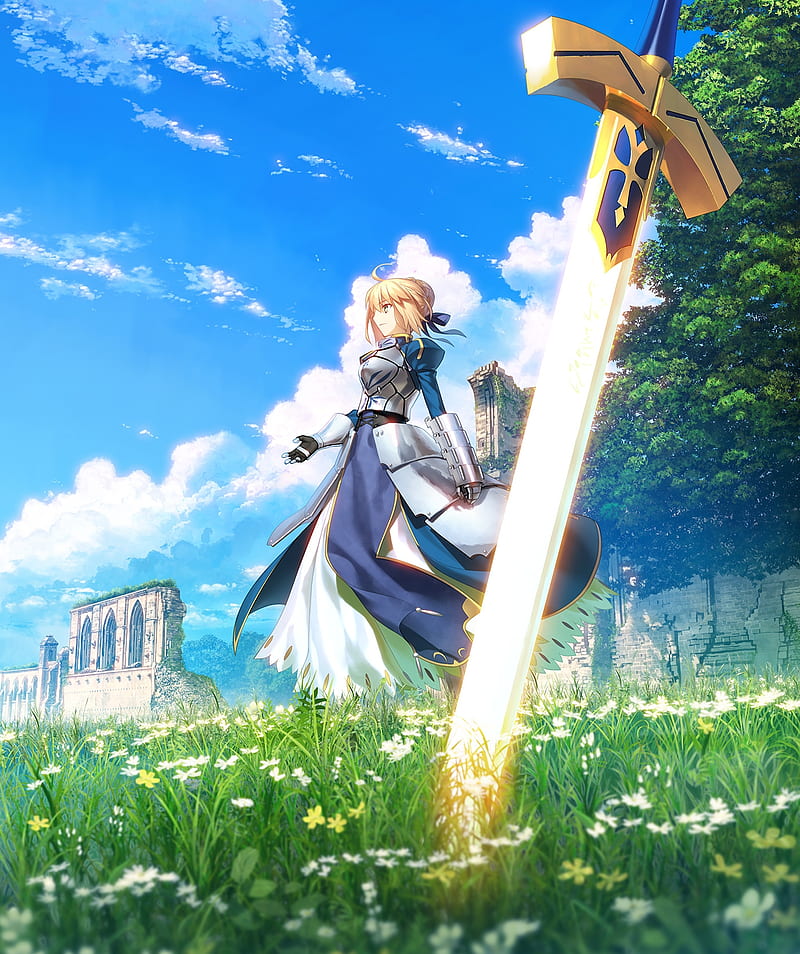 Saber Fate Stay Night Sword Grass Flowers Clouds Blonde X